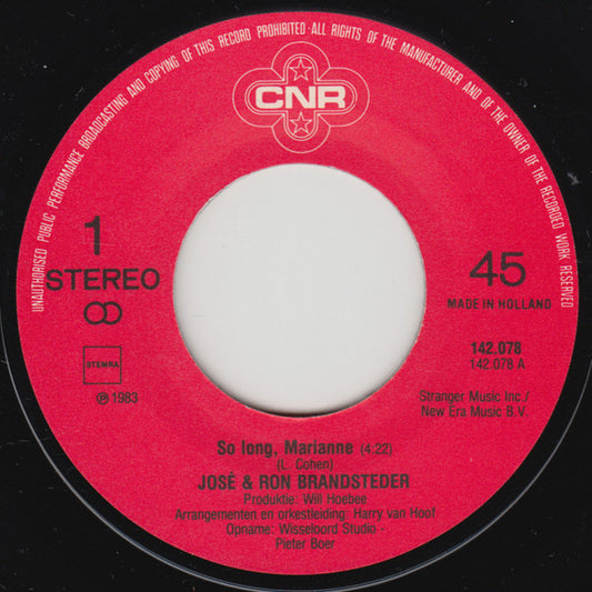 José & Ron Brandsteder - So Long, Marianne Vinyl Singles Vinyl Goed / Hoes Generic