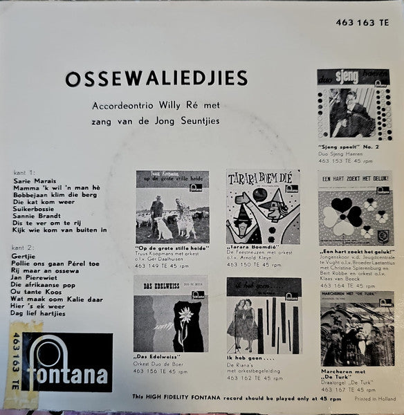 Accordeontrio Willy Ré - Ossewaliedjies - No. 3 36333 Vinyl Singles Zeer Goede Staat