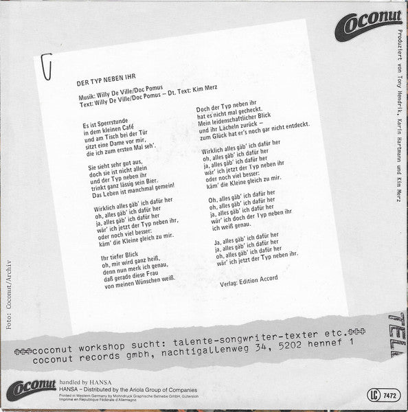 Kim Merz - Der Typ Neben Ihr Vinyl Singles Vinyl Very Good (VG) <br> Hoes Good Plus (G+)