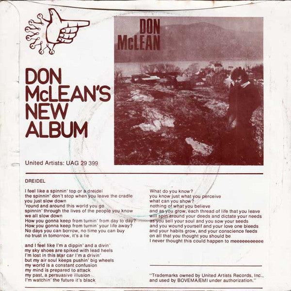 Don McLean - Dreidel Vinyl Singles Vinyl Very Good (VG) <br> Hoes Good Plus (G+)