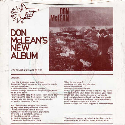 Don McLean - Dreidel Vinyl Singles Vinyl Very Good (VG) <br> Hoes Good Plus (G+)