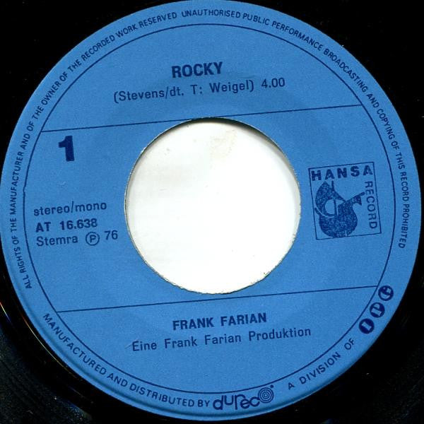 Frank Farian - Rocky Vinyl Singles Vinyl Very Good (VG) <br> Hoes Generic