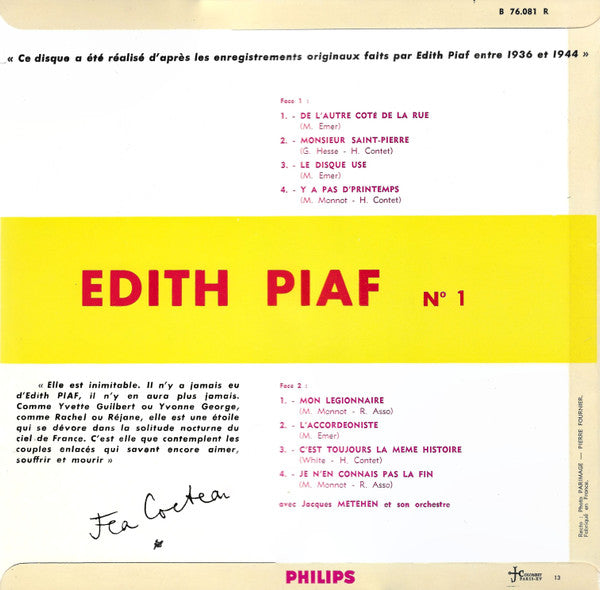 Edith Piaf - N° 1 (10") Vinyl LP 10" Vinyl Zeer Goed / Hoesje Goed "VINYLSINGLES.NL"
