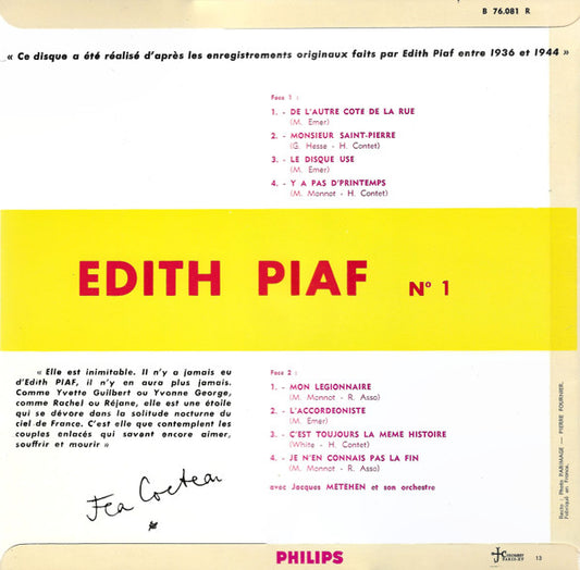 Edith Piaf - N° 1 (10") Vinyl LP 10" Vinyl Zeer Goed / Hoesje Goed "VINYLSINGLES.NL"