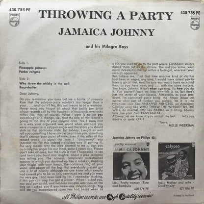 Jamaica Johnny And His Milagro Boys - Throwing A Party Vinyl Singles EP Vinyl Very Good (VG) <br> Hoes Good Plus (G+)