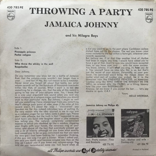 Jamaica Johnny And His Milagro Boys - Throwing A Party Vinyl Singles EP Vinyl Zeer Goed / Hoesje Goed "VINYLSINGLES.NL"