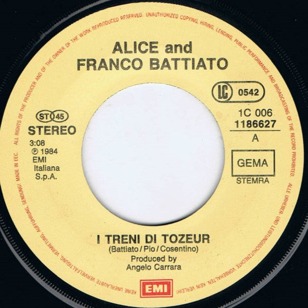 Alice - I Treni Di Tozeur Vinyl Singles Vinyl (VG) <br> Hoes Generic
