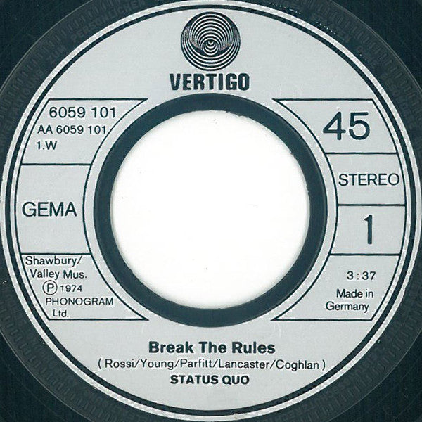 Status Quo - Break The Rules Vinyl Singles Vinyl Very Good (VG) <br> Hoes Generic