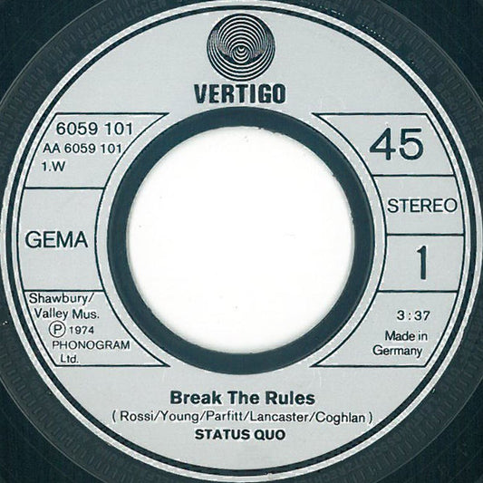 Status Quo - Break The Rules Vinyl Singles Vinyl Very Good (VG) <br> Hoes Generic
