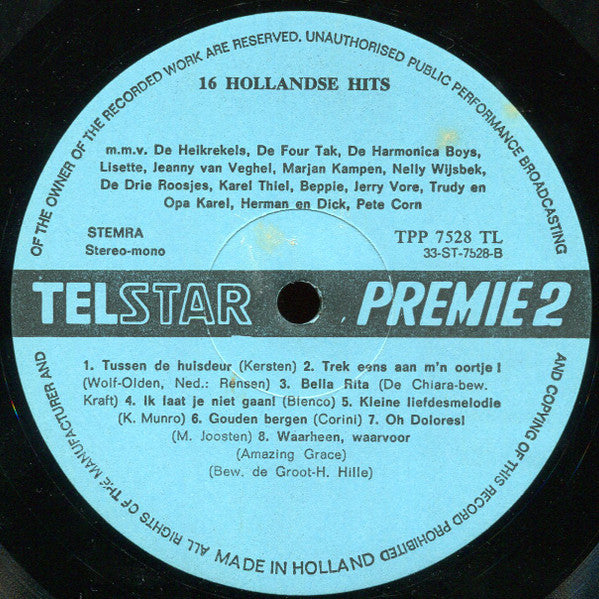 Various - 16 Hollandse Hits 1 (LP) Vinyl LP Vinyl Very Good (VG) <br> Hoes Good Plus (G+)