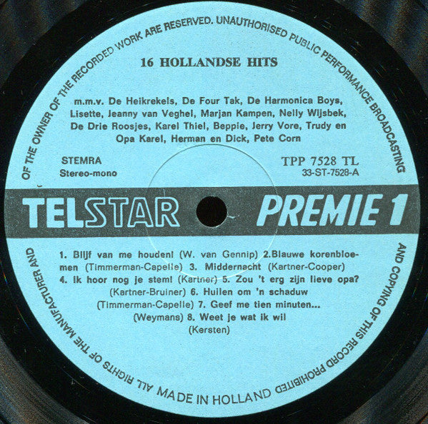 Various - 16 Hollandse Hits 1 (LP) Vinyl LP Vinyl Very Good (VG) <br> Hoes Good Plus (G+)