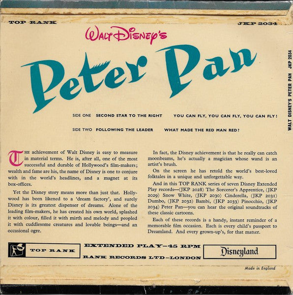 Various - Walt Disney's Peter Pan (Music From The Original Motion Picture Sound Track) Vinyl Singles EP Vinyl Very Good (VG) <br> Hoes Good Plus (G+)