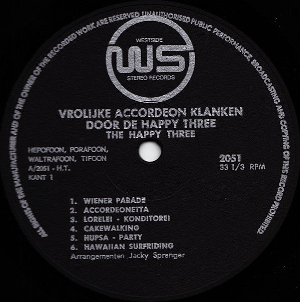 Happy Three - Vrolijke Accordeon Klanken (LP) Vinyl LP Vinyl Very Good (VG) <br> Hoes Good Plus (G+)