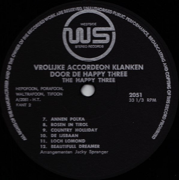 Happy Three - Vrolijke Accordeon Klanken (LP) Vinyl LP Vinyl Very Good (VG) <br> Hoes Good Plus (G+)