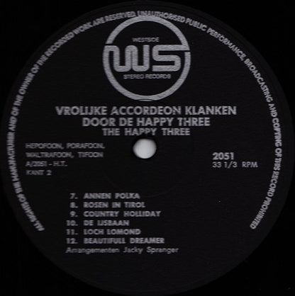 Happy Three - Vrolijke Accordeon Klanken (LP) Vinyl LP Vinyl Very Good (VG) <br> Hoes Good Plus (G+)
