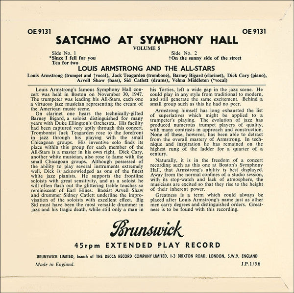 Louis Armstrong And His All-Stars - Satchmo At Symphony Hall Volume * Vinyl Singles EP Vinyl Very Good (VG) <br> Hoes Good Plus (G+)