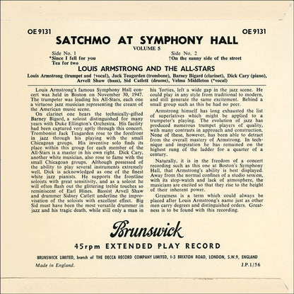 Louis Armstrong And His All-Stars - Satchmo At Symphony Hall Volume * Vinyl Singles EP Vinyl Very Good (VG) <br> Hoes Good Plus (G+)