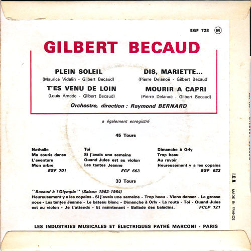 Gilbert Becaud - Plein Soleil Vinyl Singles Media VG+ / Sleeve VG