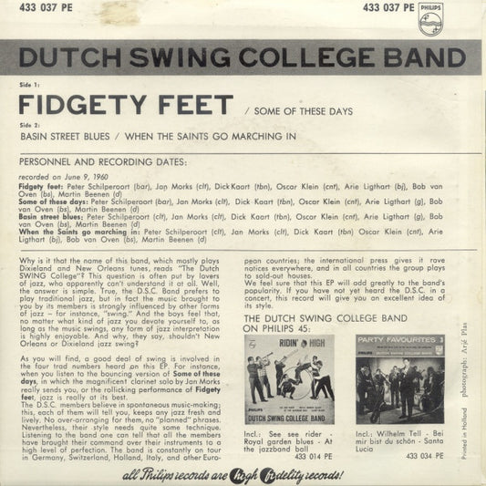 Dutch Swing College Band - Fidgety Feet Vinyl Singles EP Vinyl Zeer Goed / Hoesje Goed "VINYLSINGLES.NL"