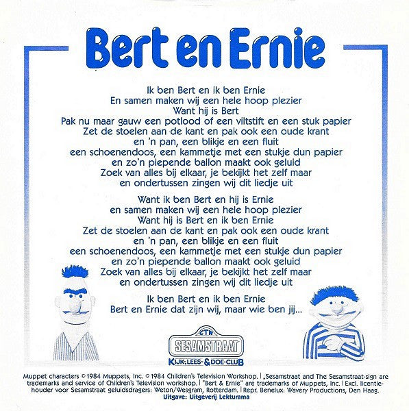 Sesamstraat - Bert En Ernie (Flexi-disc) Flexi-disk Vinyl Very Good (VG) <br> Hoes Good Plus (G+)