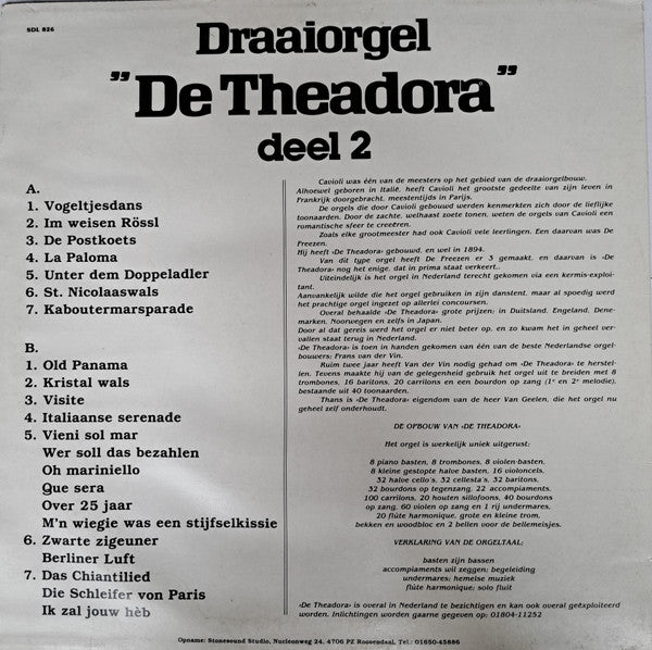 Draaiorgel "De Theadora" - Draaiorgel "De Theadora" Deel 2 (LP) Vinyl LP Vinyl Very Good (VG) <br> Hoes Good Plus (G+)
