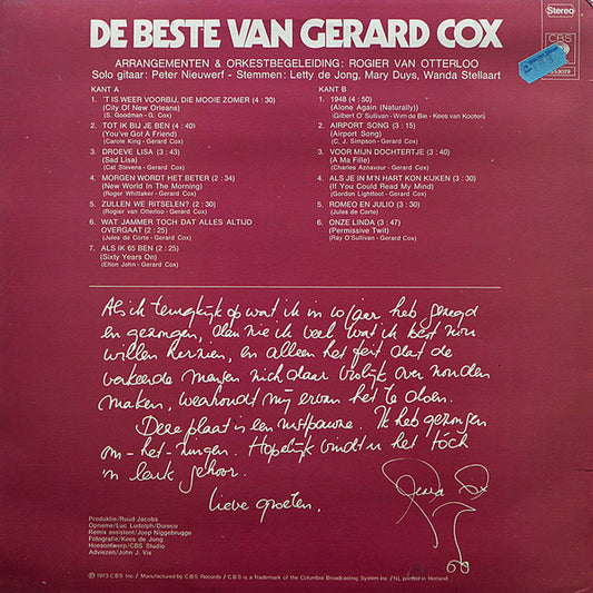 Gerard Cox - De Beste Van Gerard Cox (LP) Vinyl LP Vinyl Zeer Goed / Hoesje Goed "VINYLSINGLES.NL"
