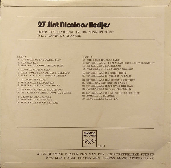 Zonnepitten - 27 Sint Nicolaas Liedjes (LP) Vinyl LP Vinyl Very Good (VG) <br> Hoes Good Plus (G+)