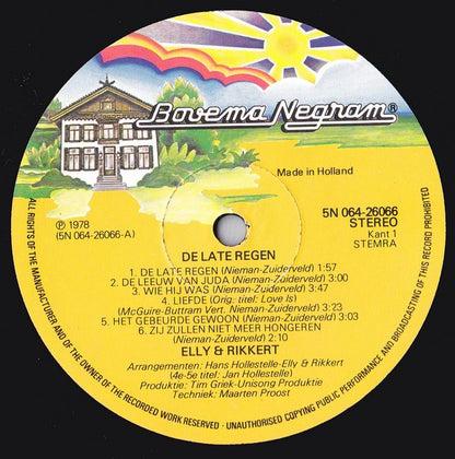 Elly & Rikkert - De Late Regen (LP) Vinyl LP Vinyl Very Good (VG) <br> Hoes Good Plus (G+)