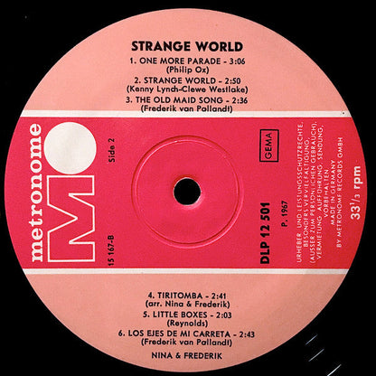 Nina & Frederik - Strange World (LP) Vinyl LP Vinyl Very Good (VG) <br> Hoes Good Plus (G+)
