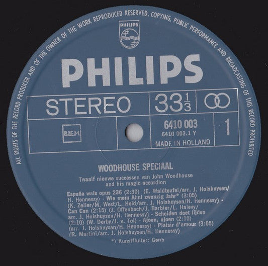 John Woodhouse - Woodhouse Speciaal (LP) Vinyl LP Vinyl Zeer Goed / Hoesje Goed "VINYLSINGLES.NL"