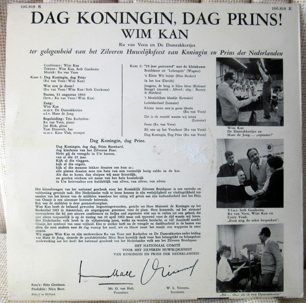 Wim Kan - Dag Koningin, Dag Prins! (**") Vinyl LP 10" Vinyl Very Good (VG) <br> Hoes Good Plus (G+)