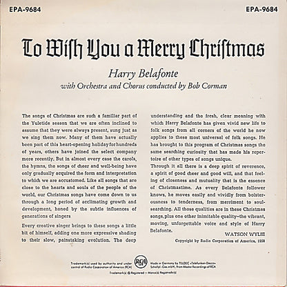 Harry Belafonte - To Wish You A Merry Christmas Vinyl Singles EP Vinyl Very Good (VG) <br> Hoes Good Plus (G+)