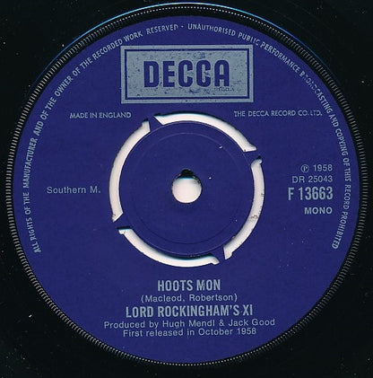 Lord Rockingham's XI - Hoots Mon Vinyl Singles Vinyl Very Good (VG) <br> Hoes Generic
