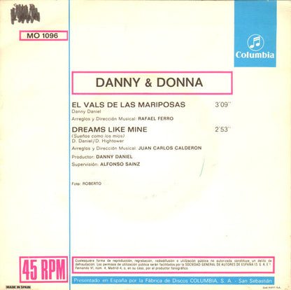 Danny Daniel & Donna Hightower - El Vals De Las Mariposas Vinyl Singles Vinyl Very Good (VG) <br> Hoes Good Plus (G+)