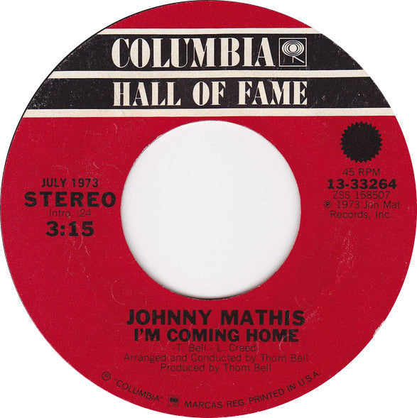 Johnny Mathis - I'm Coming Home Vinyl Singles Vinyl Very Good (VG) <br> Hoes Good Plus (G+)