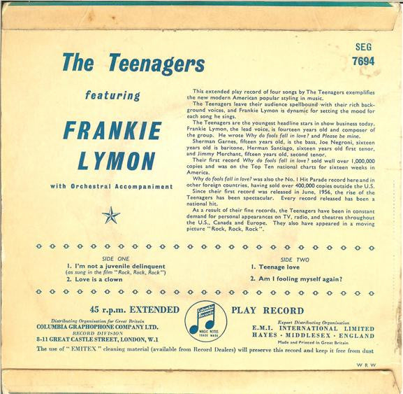Frankie Lymon & The Teenagers - The Teenagers Featuring Frankie Lymon Vinyl Singles EP Vinyl Very Good (VG) <br> Hoes Good Plus (G+)
