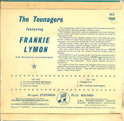 Frankie Lymon & The Teenagers - The Teenagers Featuring Frankie Lymon Vinyl Singles EP Vinyl Very Good (VG) <br> Hoes Good Plus (G+)