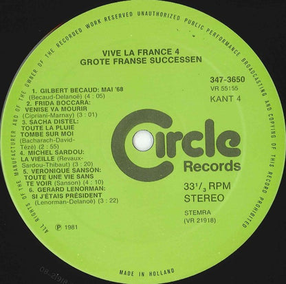 Various - Vive La France 4 -Grote Franse Successen (LP) Vinyl LP Dubbel Vinyl Very Good (VG) <br> Hoes Good Plus (G+)