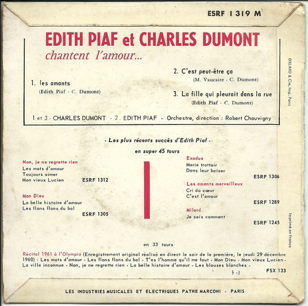 Edith Piaf et Charles Dumont - Chantent L'amour Vinyl Singles Vinyl (VG) <br> Hoes (G+)