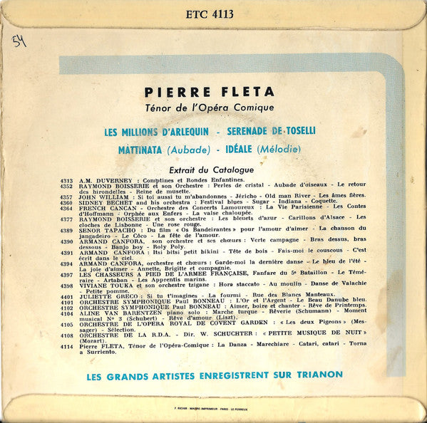 Pierre Fleta - Les Plus Belles Mélodies Italiennes Vinyl Singles EP Vinyl Very Good (VG) <br> Hoes Good Plus (G+)