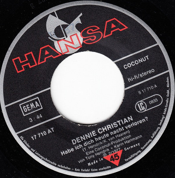 Dennie Christian - Habe Ich Dich Heute Nacht Verloren? 39220 Vinyl Singles Goede Staat