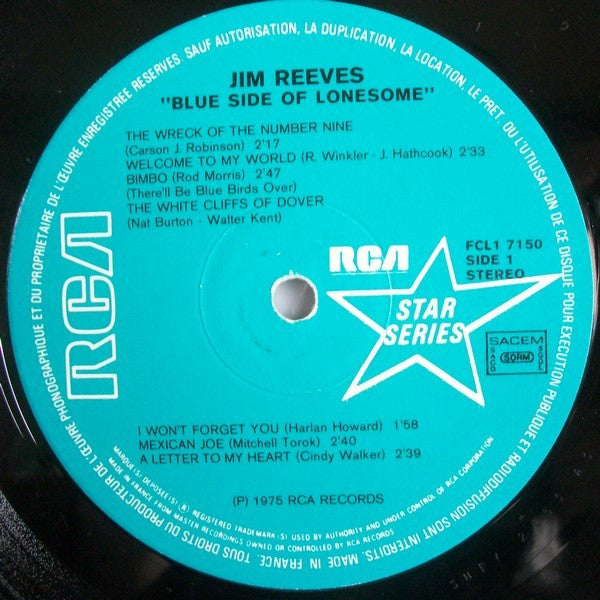 Jim Reeves - Blue Side Of Lonesome (LP) Vinyl LP Vinyl Very Good (VG) <br> Hoes Good Plus (G+)