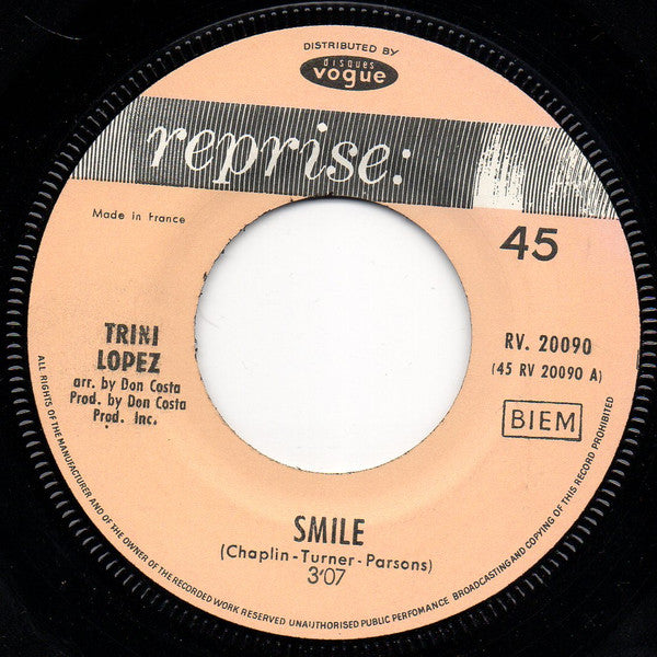 Trini Lopez - Smile Vinyl Singles Vinyl Very Good (VG) <br> Hoes Generic
