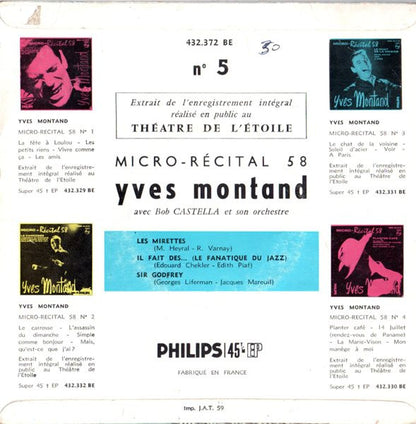 Yves Montand Avec Bob Castella Et Son Orchestre - Micro - Récital ** (N°*) Vinyl Singles EP Vinyl Very Good (VG) <br> Hoes Good Plus (G+)