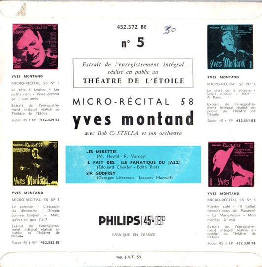 Yves Montand Avec Bob Castella Et Son Orchestre - Micro - Récital ** (N°*) Vinyl Singles EP Vinyl Zeer Goed / Hoesje Goed "VINYLSINGLES.NL"