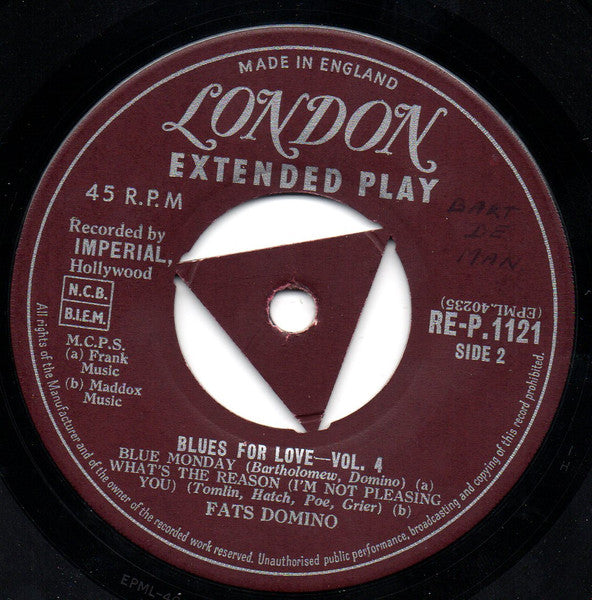 Fats Domino - Blues For Love Volume * Vinyl Singles EP Vinyl Very Good (VG) <br> Hoes Generic