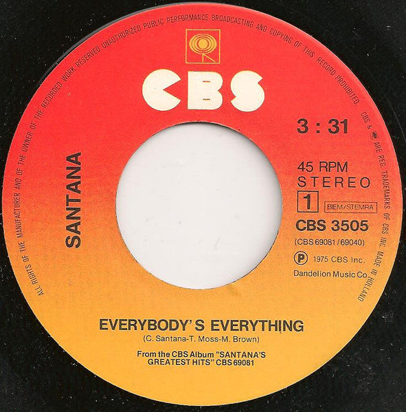 Santana - Everybody's Everything Vinyl Singles Vinyl Very Good (VG) <br> Hoes Generic