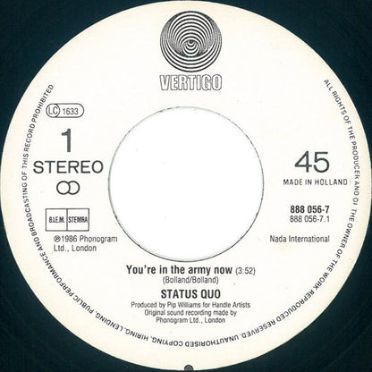 Status Quo - In The Army Now Vinyl Singles Vinyl Very Good (VG) <br> Hoes Good Plus (G+)