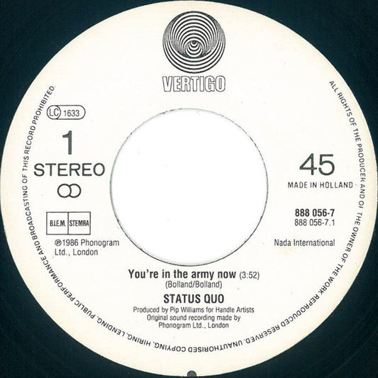 Status Quo - In The Army Now Vinyl Singles Vinyl Very Good (VG) <br> Hoes Good Plus (G+)