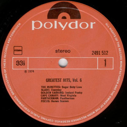 Various - Greatest Hits Vol. 6 (LP) Vinyl LP Vinyl Very Good (VG) <br> Hoes Good Plus (G+)